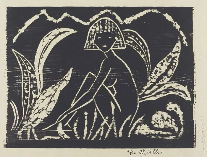 Framed Print : Nude Figure of a Girl in a Landscape (Madchenzwischen Blattpflanzen), 1912. Creator: Otto Mueller Framed Print : Nude Figure of a Girl in a Landscape (Madchenzwischen Blattpflanzen), 1912. Creator: Otto Mueller