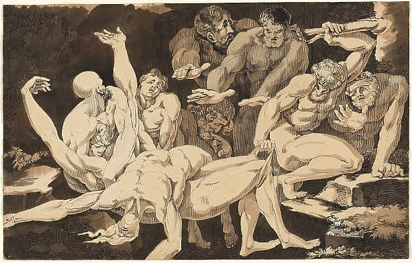 Nude Male Figures Bearing the Bodies of their Dead Companions, c. 1779. Creator: James Jefferys
