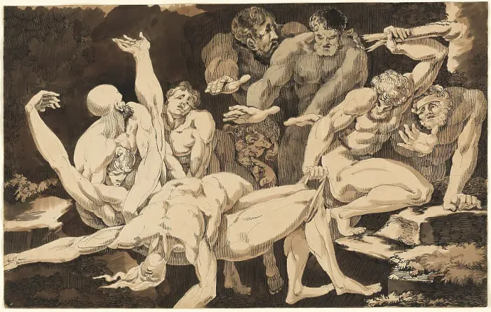 Framed Print : Nude Male Figures Bearing the Bodies of their Dead Companions, c. 1779. Creator: James Jefferys Framed Print : Nude Male Figures Bearing the Bodies of their Dead Companions, c. 1779. Creator: James Jefferys