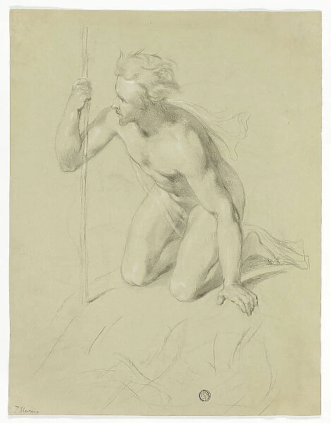 Nude Man Kneeling, Holding Staff (recto); Alpine Panorama (verso), n.d. Creator: Thomas Uwins