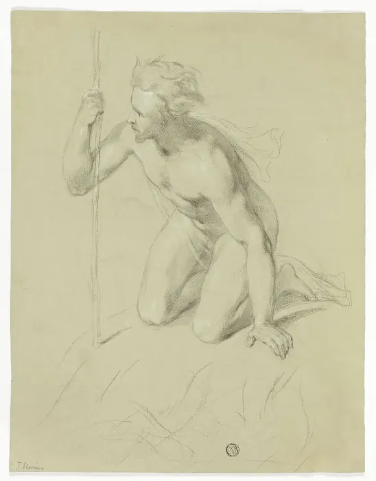 Framed Print : Nude Man Kneeling, Holding Staff (recto); Alpine Panorama (verso), n.d. Creator: Thomas Uwins Framed Print : Nude Man Kneeling, Holding Staff (recto); Alpine Panorama (verso), n.d. Creator: Thomas Uwins