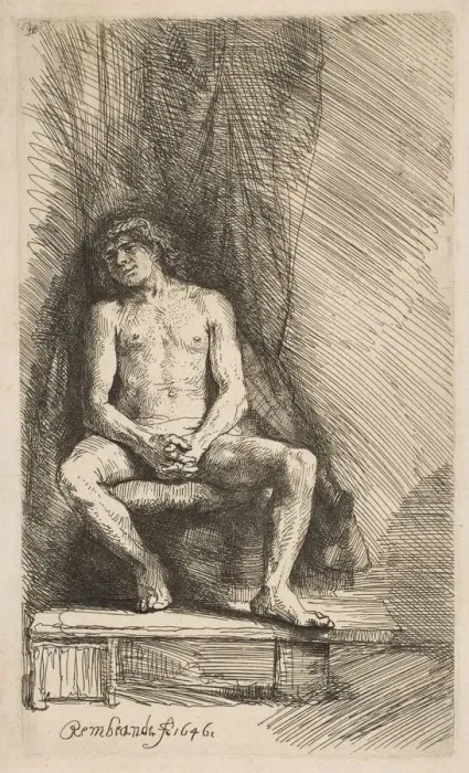 Framed Print : Nude Man Seated before a Curtain, 1646. Creator: Rembrandt Harmensz van Rijn Framed Print : Nude Man Seated before a Curtain, 1646. Creator: Rembrandt Harmensz van Rijn
