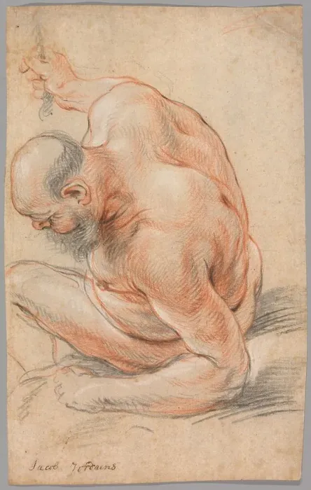 Framed Print : Nude Old Man Seated, Leaning on His Forearm, Facing Left, c. 1640. Creator: Jacob Jordaens Framed Print : Nude Old Man Seated, Leaning on His Forearm, Facing Left, c. 1640. Creator: Jacob Jordaens