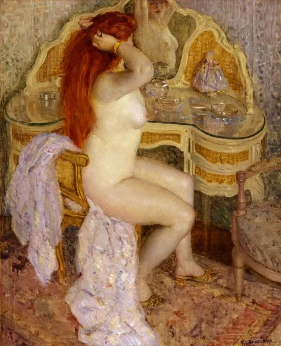 Framed Print : Nude Seated at Her Dressing Table, 1909. Creator: Frederick Carl Frieseke Framed Print : Nude Seated at Her Dressing Table, 1909. Creator: Frederick Carl Frieseke