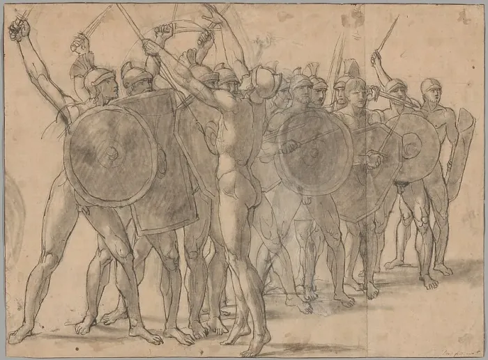 Framed Print : Nude Soldiers Gesticulating with Their Weapons (recto); Two Drapery Studies for the... 1796 / 97. Creator: Jacques-Louis David Framed Print : Nude Soldiers Gesticulating with Their Weapons (recto); Two Drapery Studies for the... 1796 / 97. Creator: Jacques-Louis David