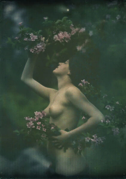 Nude woman wearing floral garlands or wreaths, between 1906 and 1942. Creator: Arnold Genthe