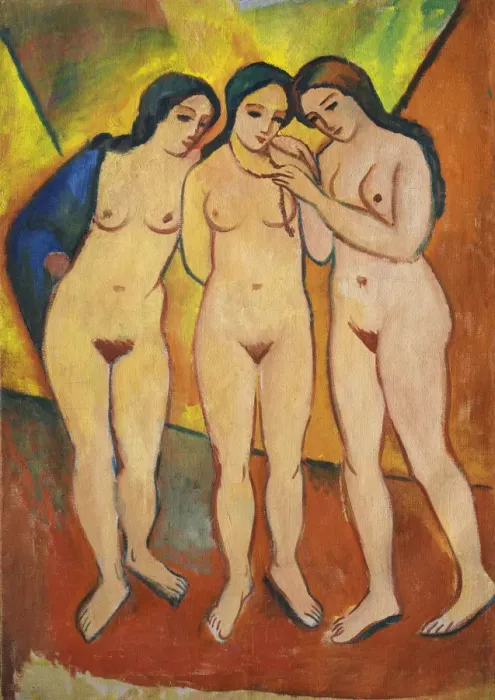 Framed Print : Three nudes, orange and red, 1912. Artist: Macke, August (1887-1914) Framed Print : Three nudes, orange and red, 1912. Artist: Macke, August (1887-1914)