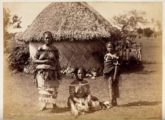 Framed Print : Nuku'alofa, Tonga: three Tongan women in front of a traditional hut, c1870s Framed Print : Nuku'alofa, Tonga: three Tongan women in front of a traditional hut, c1870s