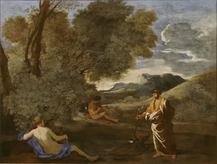 Framed Print : Numa Pompilius and the Nymph Egeria. Artist: Poussin, Nicolas (1594-1665) Framed Print : Numa Pompilius and the Nymph Egeria. Artist: Poussin, Nicolas (1594-1665)