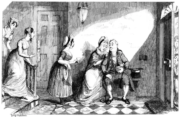 Framed Print : A number of women attend to a poorly man, 19th century. Artist: George Cruikshank Framed Print : A number of women attend to a poorly man, 19th century. Artist: George Cruikshank
