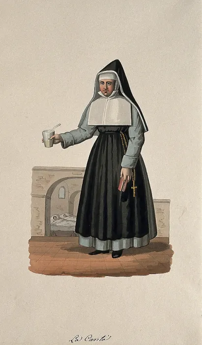 Framed Print : A nun in her habit carrying medicine and her Bible, with her hospital behind her. Creator: Unknown Framed Print : A nun in her habit carrying medicine and her Bible, with her hospital behind her. Creator: Unknown
