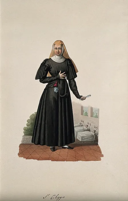 Framed Print : A nun holding a medicine spoon with her hospital behind her. Creator: Unknown Framed Print : A nun holding a medicine spoon with her hospital behind her. Creator: Unknown