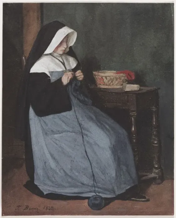 Framed Print : A Nun Seated at a Table Knitting, 1862. Creator: Francois Bonvin (French, 1817-1887) Framed Print : A Nun Seated at a Table Knitting, 1862. Creator: Francois Bonvin (French, 1817-1887)