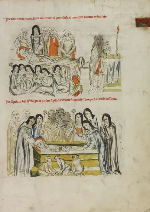 Framed Print : Nuns Praying over the Body of Saint Hedwig: The Burial of Saint Hedwig; Vita beatae Hedwigis, 1353. Creator: Unknown Framed Print : Nuns Praying over the Body of Saint Hedwig: The Burial of Saint Hedwig; Vita beatae Hedwigis, 1353. Creator: Unknown