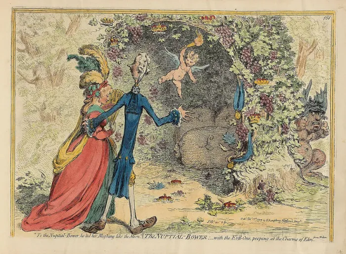 Framed Print : The Nuptial Bower with the Evil-One, peeping at the Charms of Eden, 1797. Creator: Gillray, James (1757-1815) Framed Print : The Nuptial Bower with the Evil-One, peeping at the Charms of Eden, 1797. Creator: Gillray, James (1757-1815)