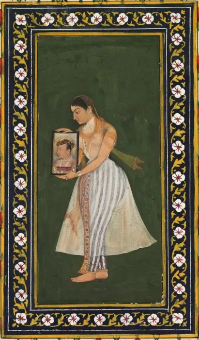 Framed Print : Nur Jahan, holding a portrait of Emperor Jahangir, c. 1627. Creator: Bishandas (Indian) Framed Print : Nur Jahan, holding a portrait of Emperor Jahangir, c. 1627. Creator: Bishandas (Indian)