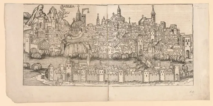 Framed Print : Nuremberg Chronicle: Topographical View of Basle, Switzerland, 1493. Creator: Michael Wolgemut Framed Print : Nuremberg Chronicle: Topographical View of Basle, Switzerland, 1493. Creator: Michael Wolgemut