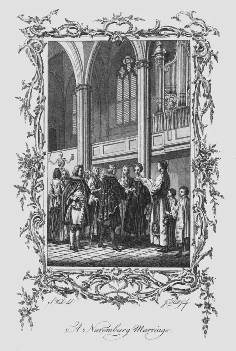 Framed Print : A Nuremburg Marriage, late 18th century. Artist: J Hall Framed Print : A Nuremburg Marriage, late 18th century. Artist: J Hall