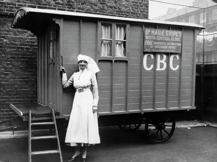 Framed Print : Nurse outside a Marie Stopes mobile birth control clinic, London, 1928. Creator: Unknown Framed Print : Nurse outside a Marie Stopes mobile birth control clinic, London, 1928. Creator: Unknown