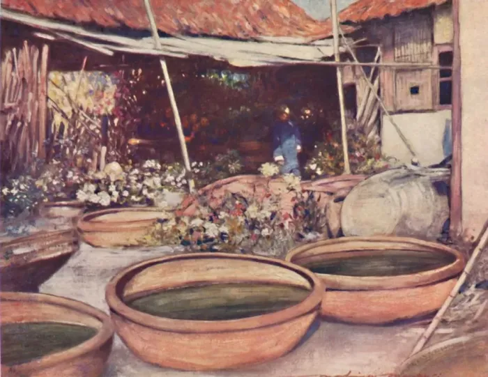 Framed Print : Nursery Garden, 1903. Artist: Mortimer L Menpes Framed Print : Nursery Garden, 1903. Artist: Mortimer L Menpes