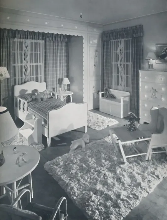 Framed Print : Nursery by W. & J. Sloane, with cream-coloured furniture and shaggy white rugs Framed Print : Nursery by W. & J. Sloane, with cream-coloured furniture and shaggy white rugs