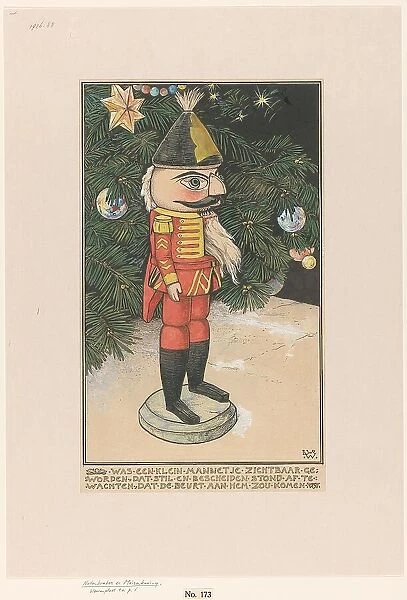 Nutcracker in hussar's uniform in front of a Christmas tree, 1898. Creator: Willem Wenckebach