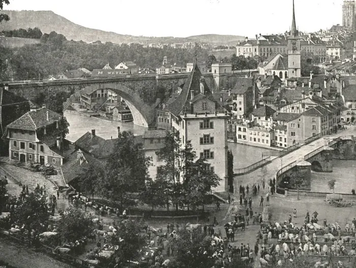 Framed Print : The Nydeggbrücke and cattle market, Bern, Switzerland, 1895. Creator: Unknown Framed Print : The Nydeggbrücke and cattle market, Bern, Switzerland, 1895. Creator: Unknown