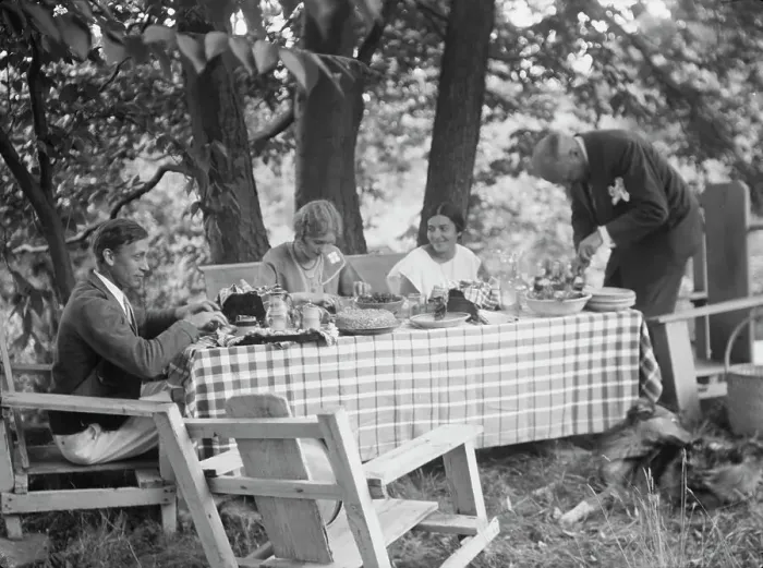 Framed Print : Nyland group, eating outdoors, 1932 Creator: Arnold Genthe Framed Print : Nyland group, eating outdoors, 1932 Creator: Arnold Genthe