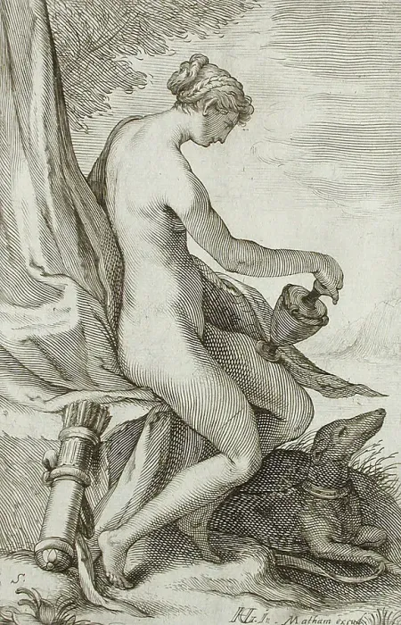 Framed Print : Nymph and Greyhound, between 1607 and 1610. Creator: Jacob Matham Framed Print : Nymph and Greyhound, between 1607 and 1610. Creator: Jacob Matham