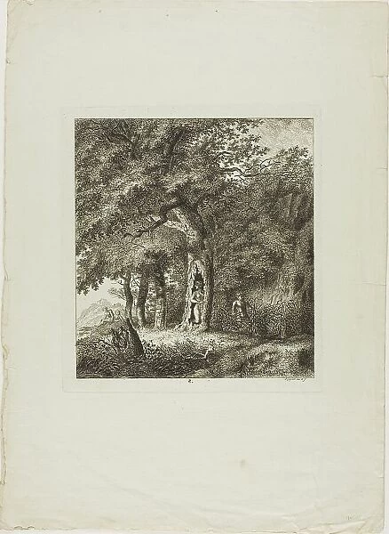 Nymph Hiding in a Tree, plate eight from Paysages Dédiés à M. Warelet, 1764. Creator: Salomon Gessner