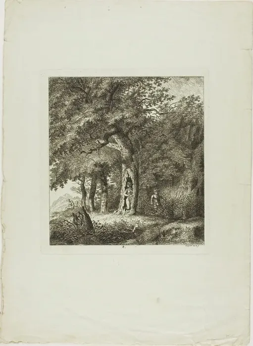 Framed Print : Nymph Hiding in a Tree, plate eight from Paysages Dédiés à M. Warelet, 1764. Creator: Salomon Gessner Framed Print : Nymph Hiding in a Tree, plate eight from Paysages Dédiés à M. Warelet, 1764. Creator: Salomon Gessner