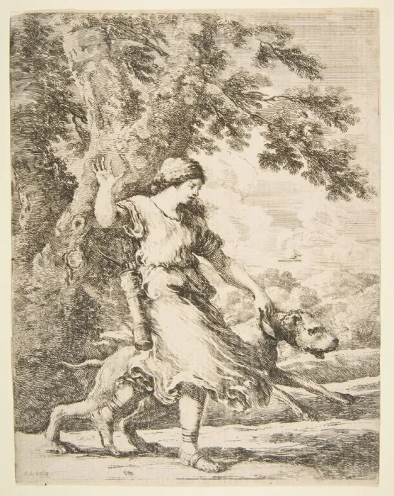 Framed Print : Nymph Holding a Large Dog by the Collar, ca. 1654. Creator: Stefano della Bella Framed Print : Nymph Holding a Large Dog by the Collar, ca. 1654. Creator: Stefano della Bella