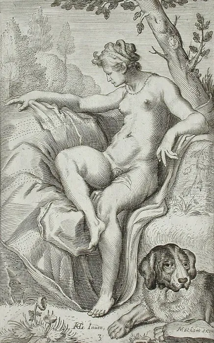 Framed Print : Nymph and Hound, between 1607 and 1610. Creator: Jacob Matham Framed Print : Nymph and Hound, between 1607 and 1610. Creator: Jacob Matham
