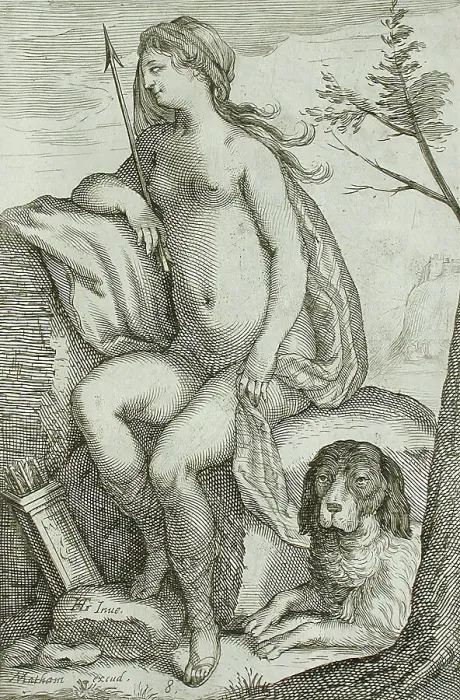 Framed Print : Nymph and Large Dog, between 1607 and 1610. Creator: Jacob Matham Framed Print : Nymph and Large Dog, between 1607 and 1610. Creator: Jacob Matham