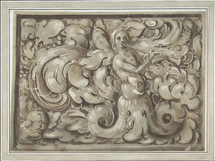 Framed Print : Nymph Playing a Horn (recto); Bracket with a Mans Head (verso), 16th century Framed Print : Nymph Playing a Horn (recto); Bracket with a Mans Head (verso), 16th century