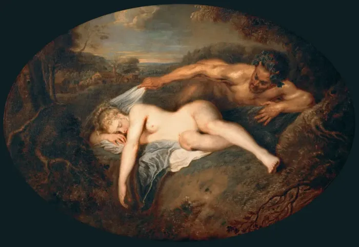 Framed Print : Nymph and Satyr (Jupiter and Antiope). Artist: Watteau, Jean Antoine (1684-1721) Framed Print : Nymph and Satyr (Jupiter and Antiope). Artist: Watteau, Jean Antoine (1684-1721)