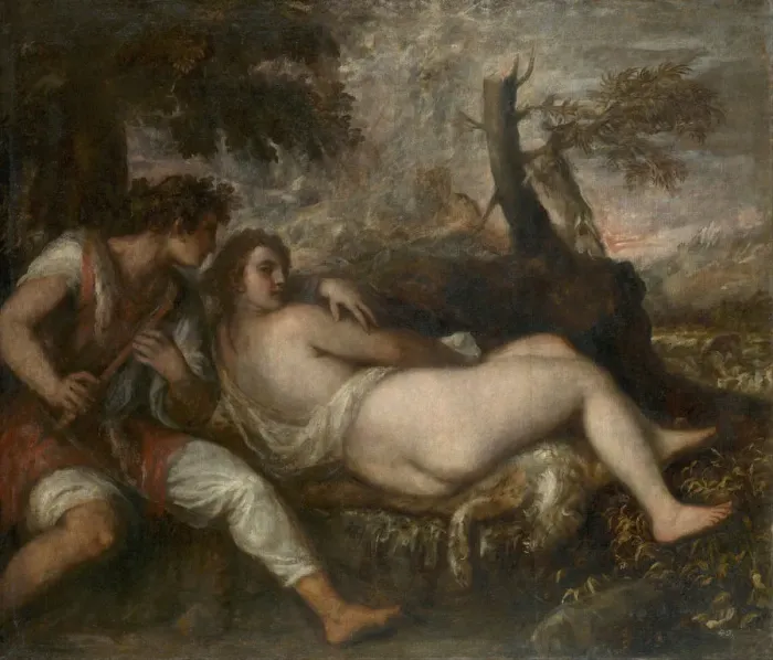 Framed Print : Nymph and Shepherd, 1570-1575. Artist: Titian (1488-1576) Framed Print : Nymph and Shepherd, 1570-1575. Artist: Titian (1488-1576)