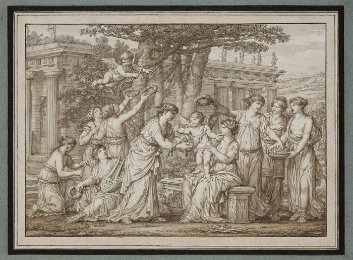 Framed Print : Nymphs Adorning Love with Flowers, 1796. Creator: Joseph-Marie Vien the Elder Framed Print : Nymphs Adorning Love with Flowers, 1796. Creator: Joseph-Marie Vien the Elder