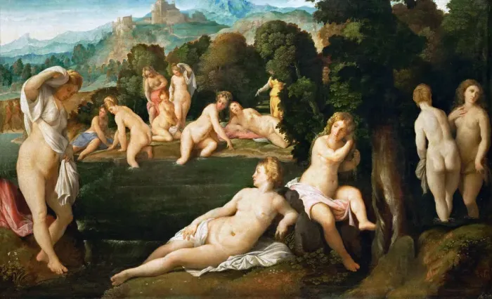 Framed Print : Nymphs Bathing, ca 1528. Artist: Palma il Vecchio, Jacopo, the Elder (1480-1528) Framed Print : Nymphs Bathing, ca 1528. Artist: Palma il Vecchio, Jacopo, the Elder (1480-1528)