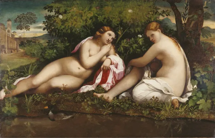 Framed Print : Two Nymphs at Rest (Jupiter and Callisto?), c. 1520. Creator: Palma il Vecchio, Jacopo Framed Print : Two Nymphs at Rest (Jupiter and Callisto?), c. 1520. Creator: Palma il Vecchio, Jacopo