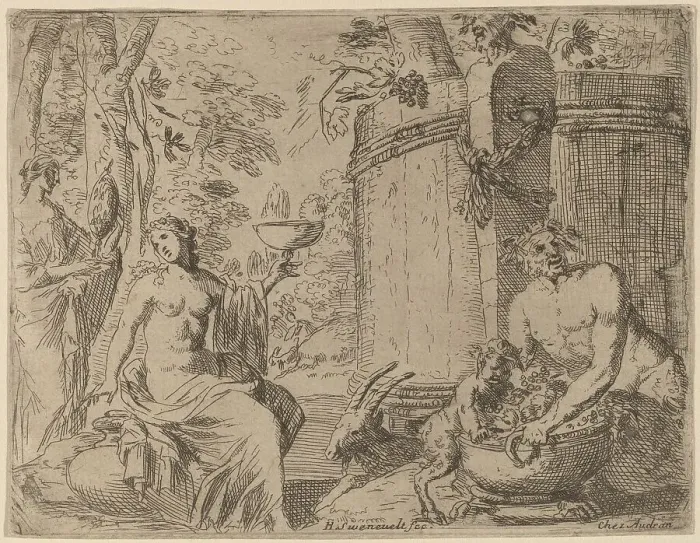 Framed Print : Two Nymphs and a Satyr before a Large Vat. Creator: Herman van Swanevelt Framed Print : Two Nymphs and a Satyr before a Large Vat. Creator: Herman van Swanevelt
