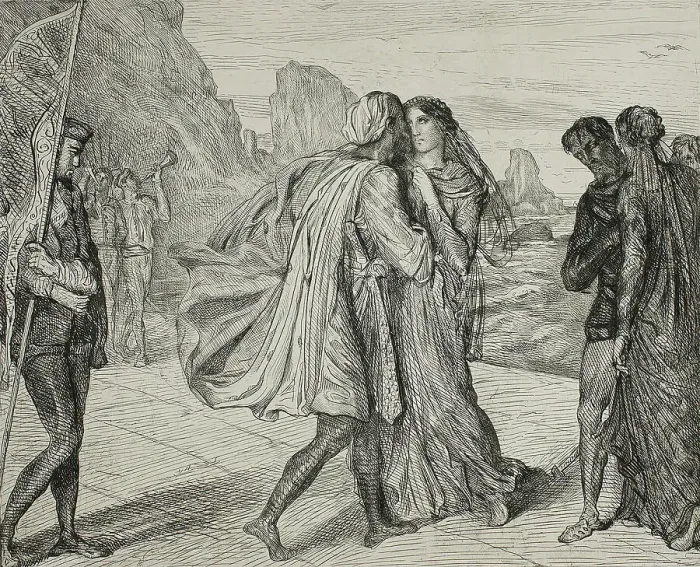Framed Print : O My Fair Warrior!, plate five from Othello, 1844. Creator: Theodore Chasseriau