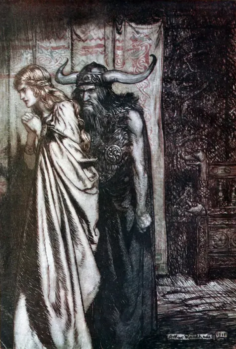 Framed Print : O wife betrayed I will avenge they trust deceived! Illustration for Siegfried and The Twilight of t Artist: Rackham, Arthur (1867-1939) Framed Print : O wife betrayed I will avenge they trust deceived! Illustration for Siegfried and The Twilight of t Artist: Rackham, Arthur (1867-1939)