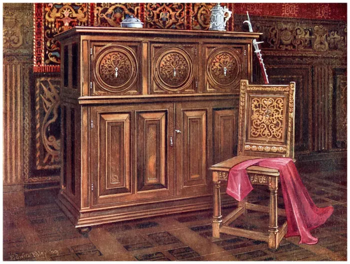 Framed Print : Oak cabinet and walnut chair, 1910. Artist: Edwin Foley Framed Print : Oak cabinet and walnut chair, 1910. Artist: Edwin Foley