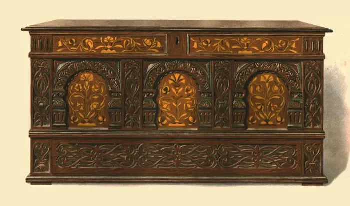 Framed Print : Oak inlaid chest, 1904. Artist: Shirley Slocombe Framed Print : Oak inlaid chest, 1904. Artist: Shirley Slocombe