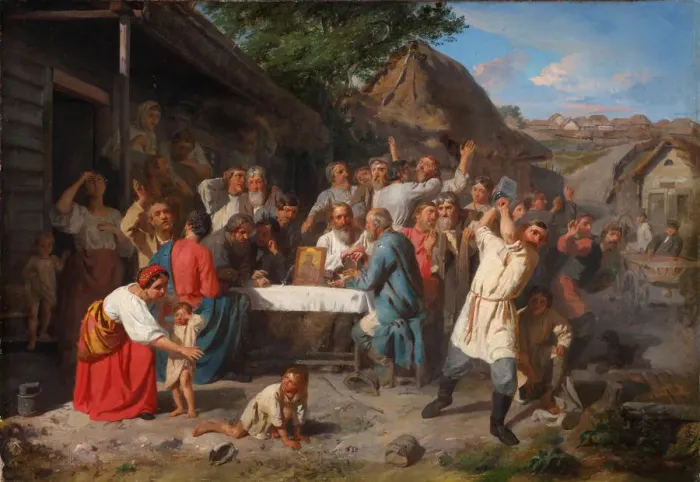 Framed Print : An Oath Of Temperance. The Temperance Society, 1860. Artist: Karneev, Akim Yegorovich (1833-1896) Framed Print : An Oath Of Temperance. The Temperance Society, 1860. Artist: Karneev, Akim Yegorovich (1833-1896)