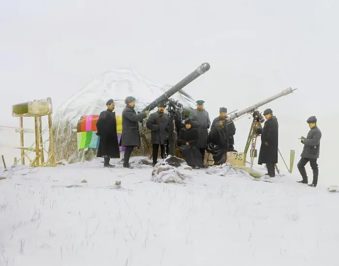 Framed Print : Observing a solar eclipse on January 1, 1907, near the Cherniaevo Station in the Tian-Shan... 1907. Creator: Sergey Mikhaylovich Prokudin-Gorsky Framed Print : Observing a solar eclipse on January 1, 1907, near the Cherniaevo Station in the Tian-Shan... 1907. Creator: Sergey Mikhaylovich Prokudin-Gorsky