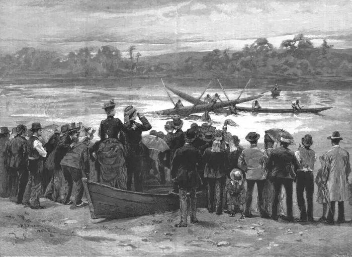 Framed Print : An obstacle race in canoes, near Auckland, New Zealand, 1888. Creator: Unknown Framed Print : An obstacle race in canoes, near Auckland, New Zealand, 1888. Creator: Unknown
