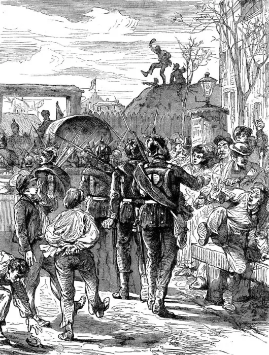 Framed Print : Occupying German soldiers leaving Paris after the Franco-Prussian War, 1871 (c1880) Framed Print : Occupying German soldiers leaving Paris after the Franco-Prussian War, 1871 (c1880)
