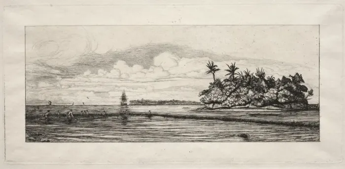 Framed Print : Oceania: Fishing near Islands with Palms in the Uea or Wallis Group, 1863. Creator Framed Print : Oceania: Fishing near Islands with Palms in the Uea or Wallis Group, 1863. Creator